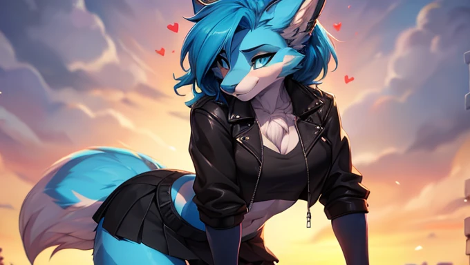 ((beautiful and detailed))) age girl 18 years, (((18 years))) high definition 1:1(((female))) ((Anthro)) hocico alargado de zorro, the debt, (((blue body)))Ross Tran, by Ruan Jia, by zaush, por Foxovh, cinematic lighting, seductive, the debt, Vista de Whole body,((Whole body)) messy hair, ((Red&blue hair)), (turquoise tail), detailed blue eyes, submissive pose, view from below, side view,(heart-shaped pupils) ((horny and timid)) detailed, (8k the best quality, masterpiece ) Posing, Very good, Beautiful, smalldetailed, shy and seductive posture arching back down so that we can see her, absurd res, casual black clothes, (black navel blouse, black jacket, black mini skirt, panties, medias largas) rocker style, medias altas apretadas al muslo, bodyjump