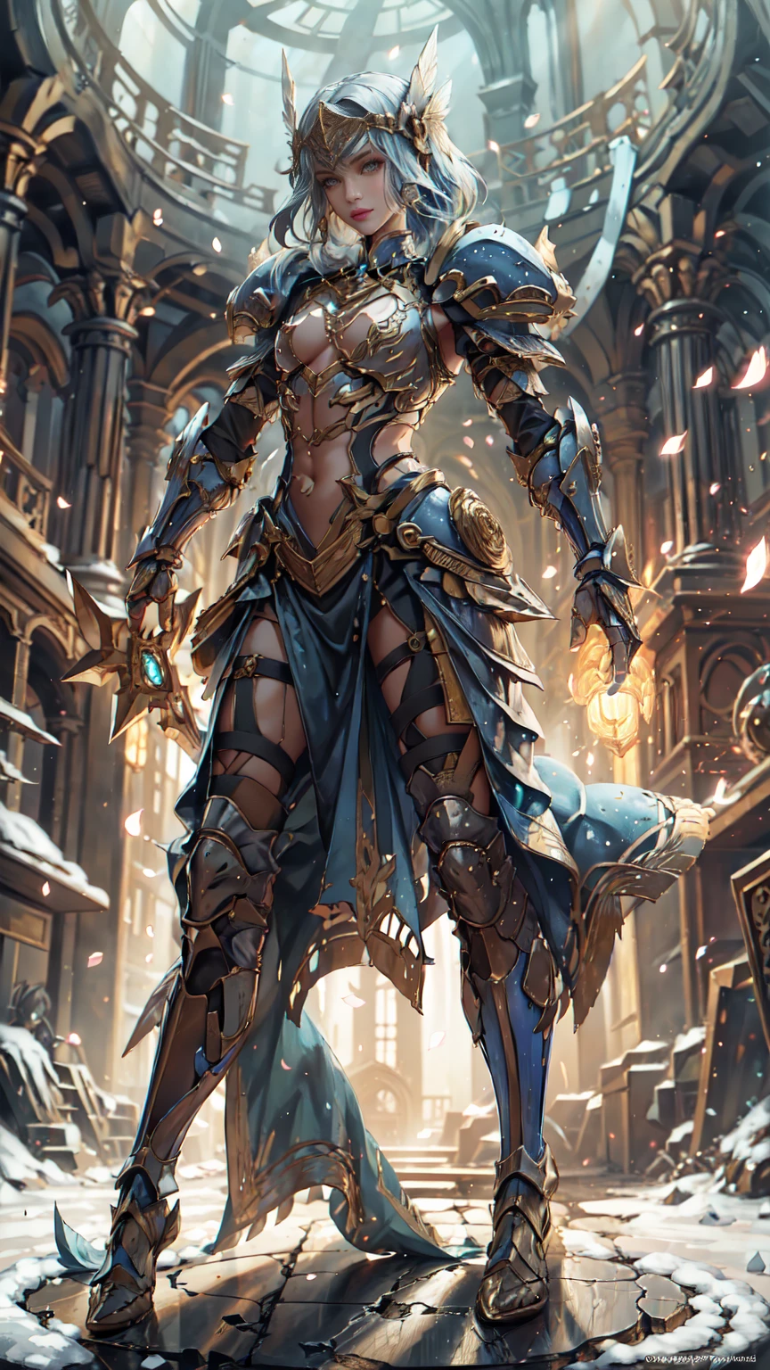 Lenneth from 'Valkyrie profile', BREAK: bright_gold_trimmed_sapphire_blue_plate mech4rmor, (damaged chest armor exposing skin:1.3), glowing sword raised in victory, thigh cutout, long skirt, BREAK: standing, contrapposto stance, light smile, magical castle ruins, fluffy snow and flower petals fall, BREAK: detailed face, detailed hands, (16k, absurdres, masterpiece, best quality), wings