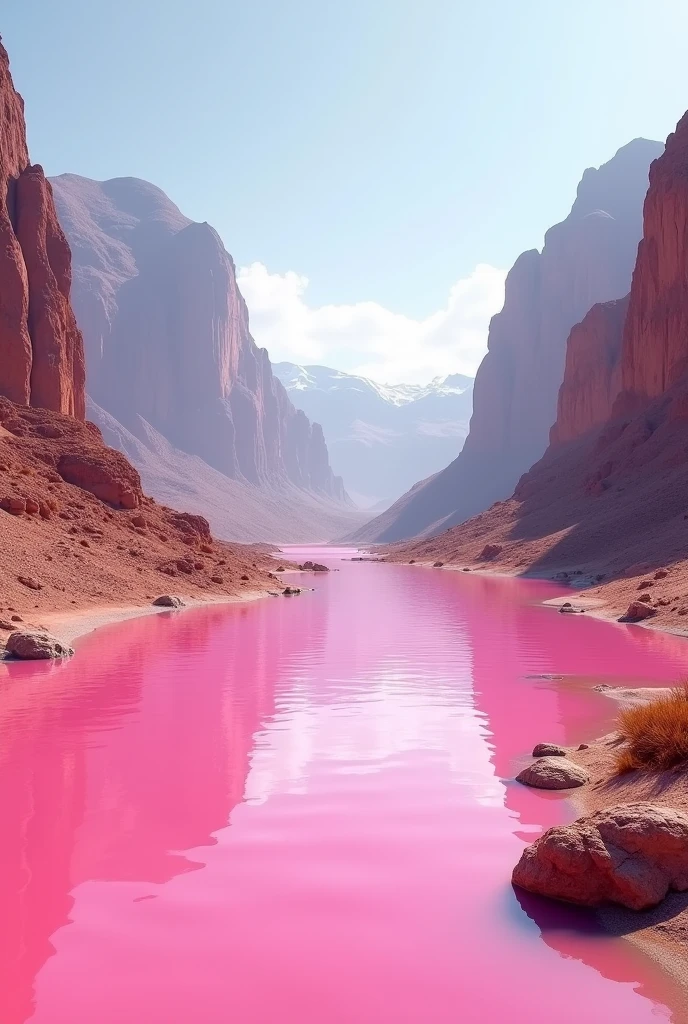 Pink lake around arid mountains. 