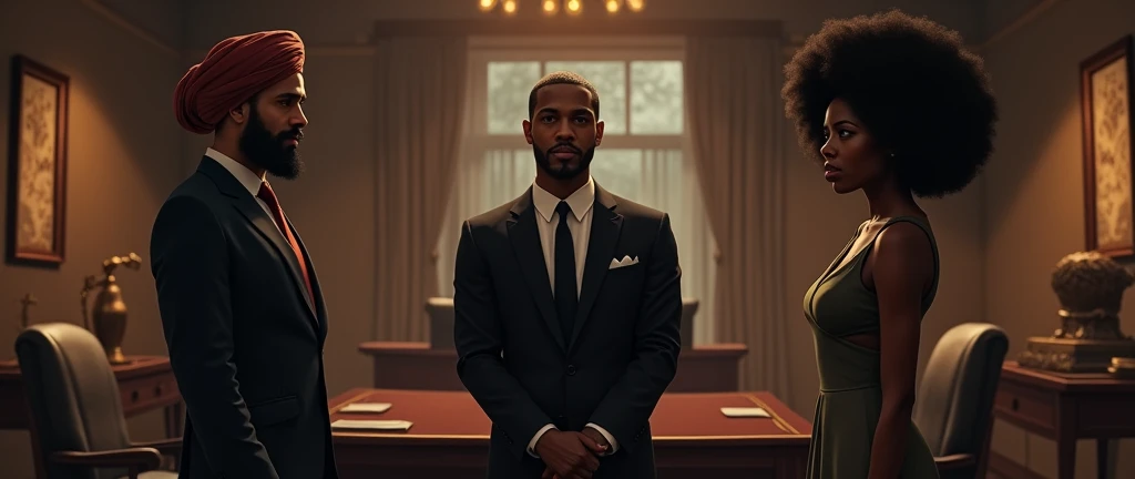 one muslim man with a turban and a jamaican man and an african queen standing side by side 
and talking to someone out of the frame at an office in style of the godfather movies,