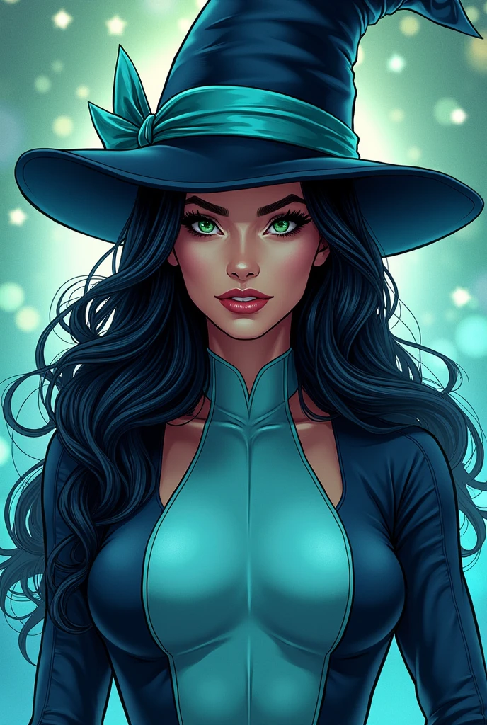 Marvel comic screenshot, hair color dark blue almost black, medium and wavy hair, emerald green eyes, clothing color pastel blue and dark blue, wearing a hat with pastel blue and a dark blue ribbon of the same color as her suit, and her hat is a magician's hat, outfit inspired by Zatanna Zatara, powers identical to Zatanna Zatara's, tall, physique identical to Zatanna Zatara's but in blue and sky blue, kind gaze, , Korean bangs, female gender, white skin tone