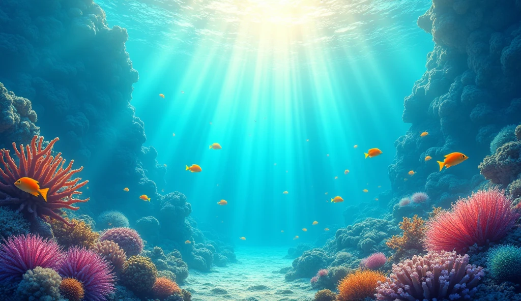 (masterpiece, best quality), underwater. The underwater environment is brightly lit with sunlight streaming through the water's surface, creating shimmering light patterns. The background features colorful coral, small fish, and bubbles 