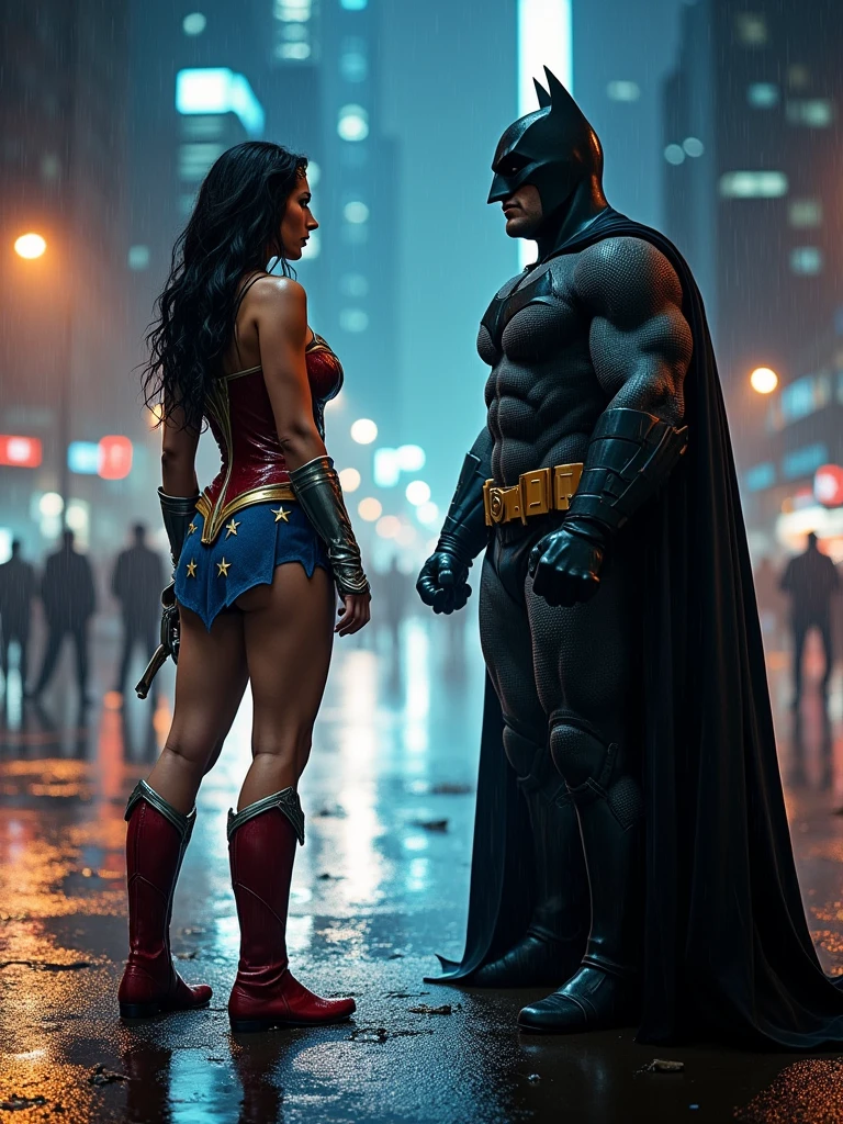 a cinematic full body shot of Wonder woman in a red and blue superhero suit, a Batman in a dark superhero suit, an epic fight in a rainy Gotham City at night, raindrops and puddles, high-detailed hero outfits, wet hair and skin, 4k, cinematic scene, 16:9 aspect ratio, hyper-realistic, masterpiece, cinematic lighting, dramatic action, dramatic weather, fighting dramatic effects, neon city lights, heavy rain, dark and moody color palette, volumetric lighting, intricate details, photorealistic