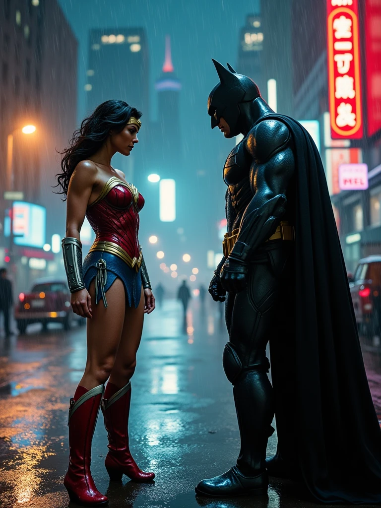 a cinematic full body shot of Wonder woman in a red and blue superhero suit, a Batman in a dark superhero suit, an epic fight in a rainy Gotham City at night, raindrops and puddles, high-detailed hero outfits, wet hair and skin, 4k, cinematic scene, 16:9 aspect ratio, hyper-realistic, masterpiece, cinematic lighting, dramatic action, dramatic weather, fighting dramatic effects, neon city lights, heavy rain, dark and moody color palette, volumetric lighting, intricate details, photorealistic