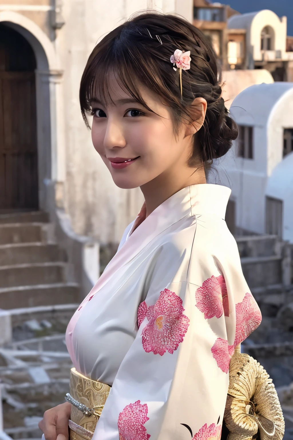 1 person, (Wearing a pink floral kimono.:1.2), Very beautiful Japanese idol portraits, 
(RAW Photos, Highest quality), (Realistic, Realistic:1.4), (masterpiece), 
Very delicate and beautiful, Very detailed, 2k wallpaper, wonderful, finely, Very detailed CG Unity 8k 壁紙, Very detailed, High resolution, Soft Light, 
Beautiful details, Very detailed目と顔, Beautiful and sophisticated nose, Beautiful and beautiful eyes, Cinema Lighting, 
(Commemorative photo on Santorini Island:1.3), (White Building), (blue sky), (Church bells), (Aegean Sea),
(Japanese hairstyle), (Tie your hair at the back:1.3), (bangs), (hairpin), 
Complete Anatomy, Slender body, Small breasts, smile