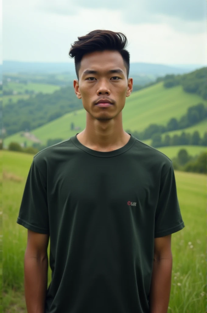 Generates an image of a young man with neutral facial expression and closed mouth in the countryside, The person should be standing straight, facing the camera and your upper body should be visible, The lighting must be balanced without shadows or overexposed areas.