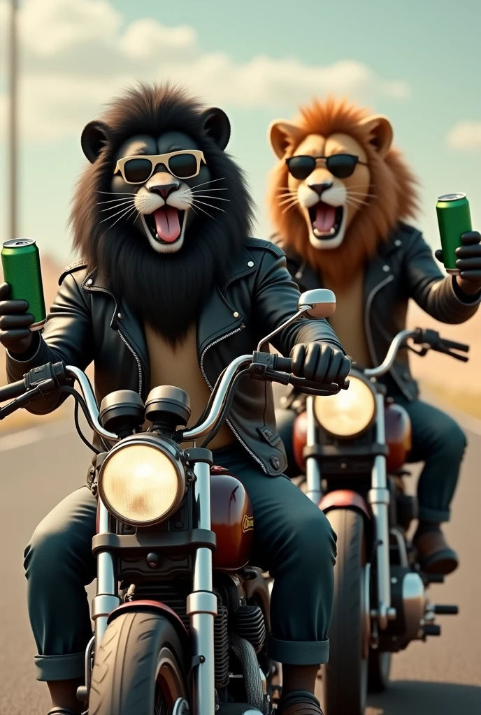 (photorealism: 1.2), two lions riding motorcycles, one has completely black mane and the other brown, the two lions have leather jackets and gloves with sunglasses, one of the two has its tongue out and both have the open mouth, the lions' expression is happy, the two lions inspire freedom, they both have a green beer can in their hands, the cans have no signs, the central focus of the image is the beer