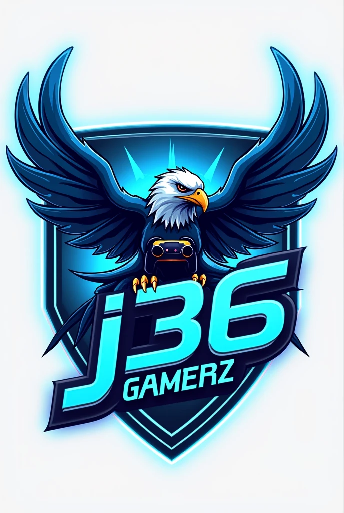 A 3D sleek esports logo Without Background featuring a futuristic EAGLE wielding a controller, bathed in electric blue hues, with the words "J36 GAMERZ" in bold lettering below. 