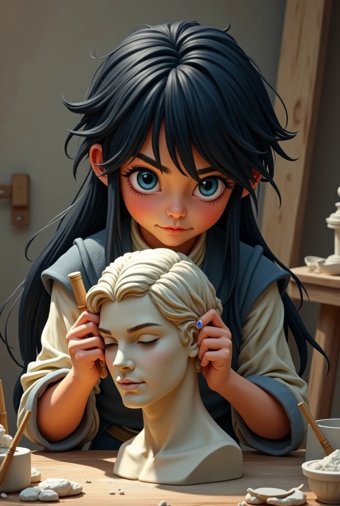 ((BOY WITH LONG BLACK HAIR, blue colored eyes, SCULPTING A BUST, WITH STAKES IN HAND, sculptor))