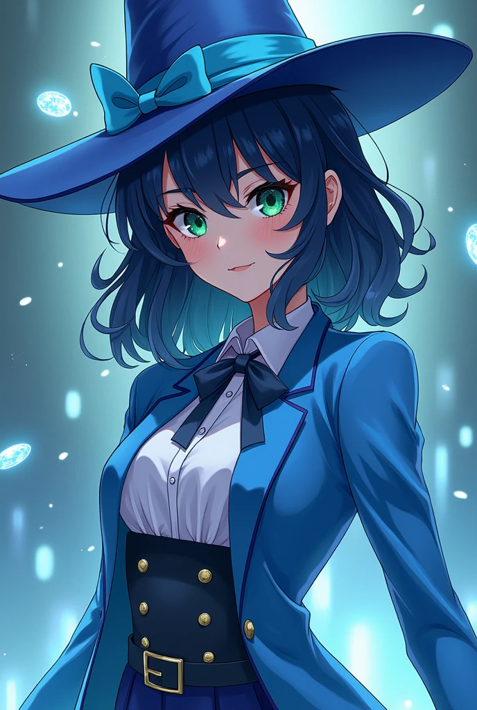 Anime manga screenshot, hair color dark blue almost black, medium and wavy hair, emerald green eyes, clothing color pastel blue and dark blue, wearing a hat with pastel blue and a dark blue ribbon of the same color as her suit, and her hat is a magician's hat, outfit inspired by Zatanna Zatara, powers identical to Zatanna Zatara's, tall, physique identical to Zatanna Zatara's but in blue and sky blue, kind gaze, , Korean bangs, female gender, white skin tone