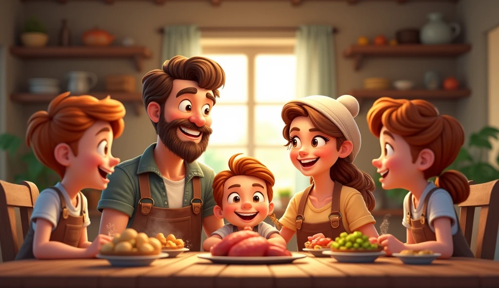 In cinematics 3d cartoon style "The farmer sitting with his family at home, sharing a simple yet hearty meal. The room is warm and inviting, with the family smiling and talking happily, enjoying the results of the farmer's hard work."