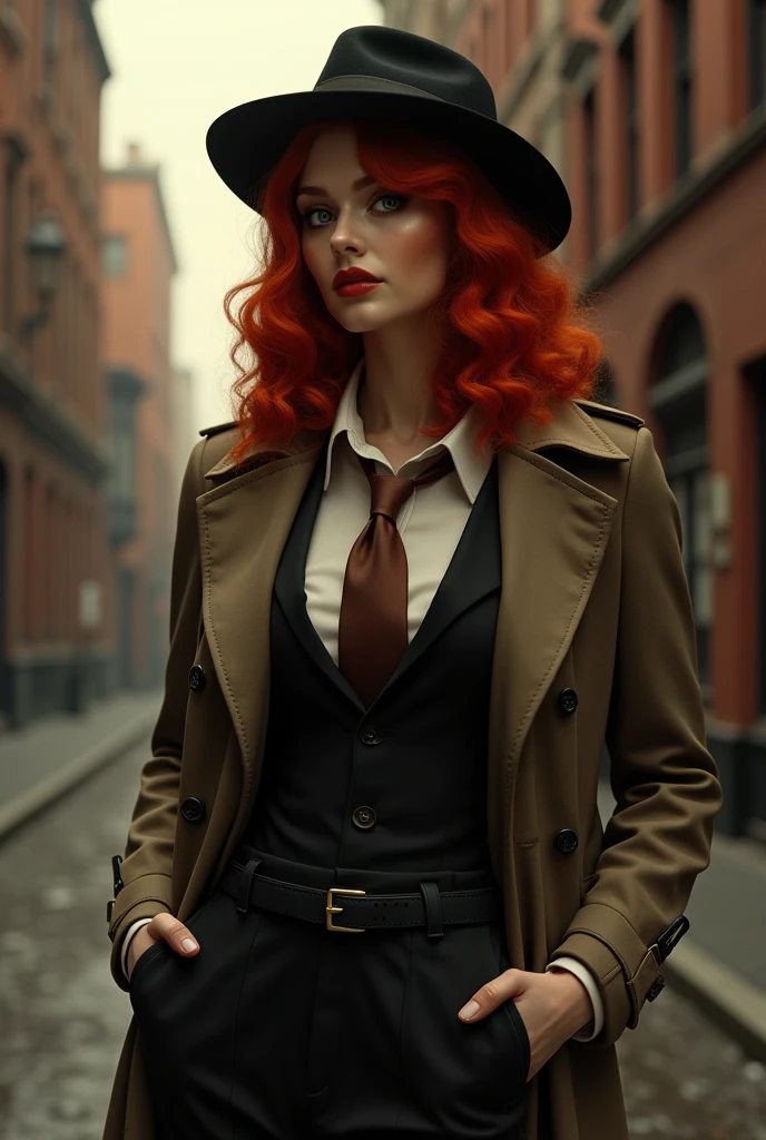 1920s hardboiled detective, striking red hair styled in soft waves, tailored trench coat suit tie and a fedora, sharp no-nonsense attitude, pinup, full body shot, standing, sexy, seductive