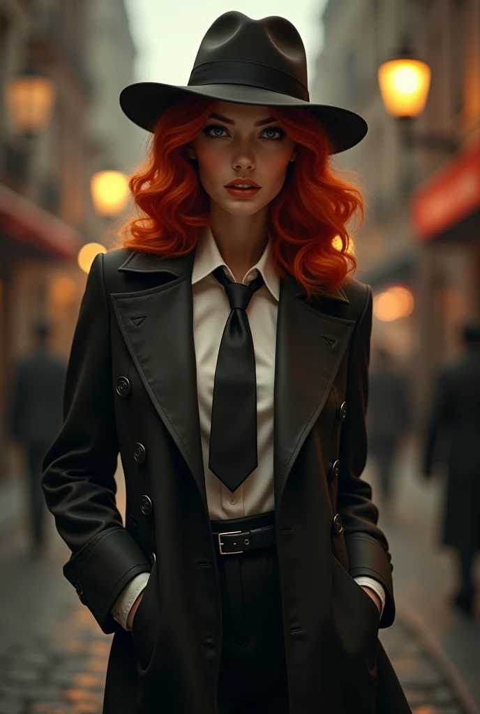 1920s hardboiled detective, striking red hair styled in soft waves, tailored trench coat suit tie and a fedora, sharp no-nonsense attitude, pinup, full body shot, standing, sexy, seductive