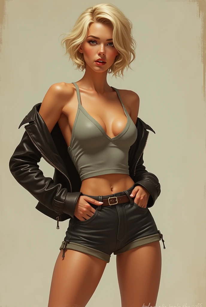 1920s tomboy adventurer, tank top, hotpants, leather jacket, short blonde hair styled in a tousled bob, confident determined expression, pinup, full body shot, standing, sexy, cleavage, athletic woman