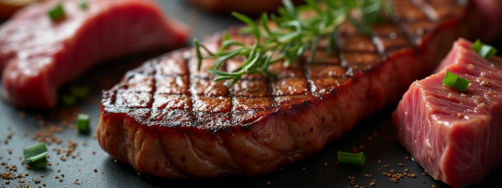 create a banner for a steakhouse, with the symbol that I am carrying for you, it needs to be attractive, and with colors that can be seen well at night, contain images of meat, and using colors and design that make you want to eat, Impressionism, Minimalism, wide shot, Nikon, Hyperrealism, UHD, super detail, best quality, highres, high quality