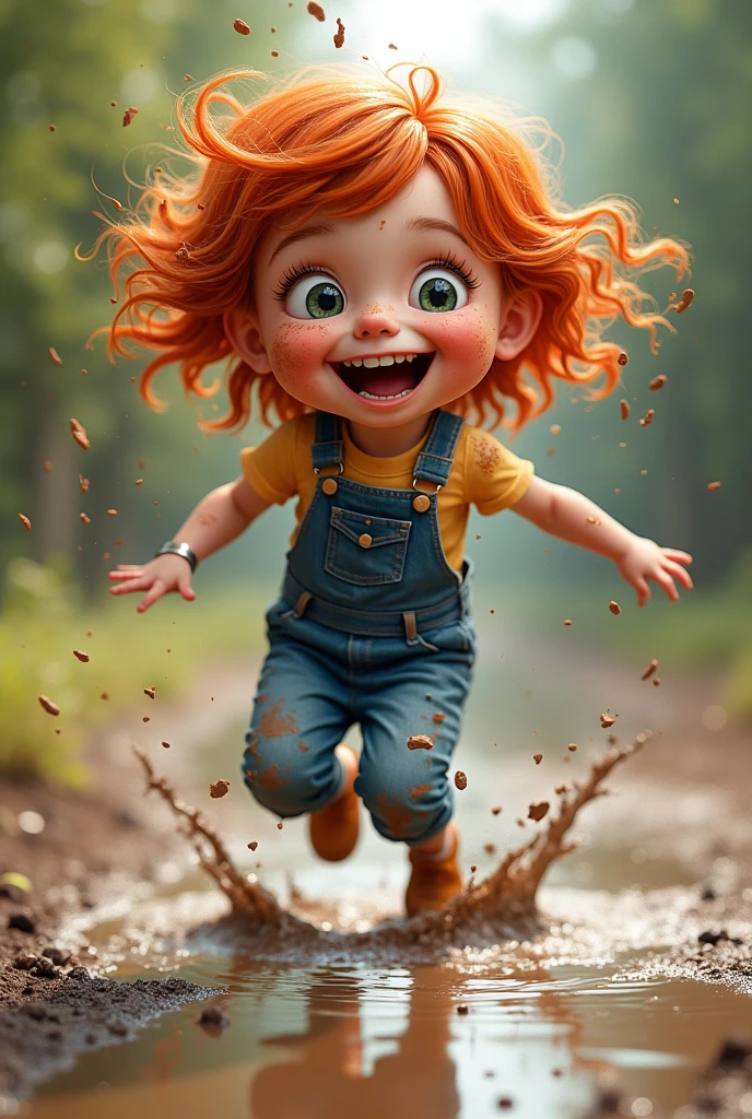 Girl, weiring denim dungarees, red hair, jumping in mud puddle, with mud splatters on her clothes, mud splatters on her face, mud splatters in her hair 