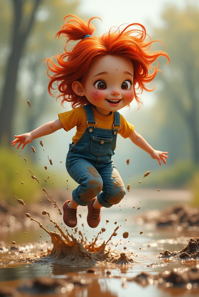 Girl, weiring denim dungarees, red hair, jumping in mud puddle, with mud splatters on her clothes, mud splatters on her face, mud splatters in her hair 