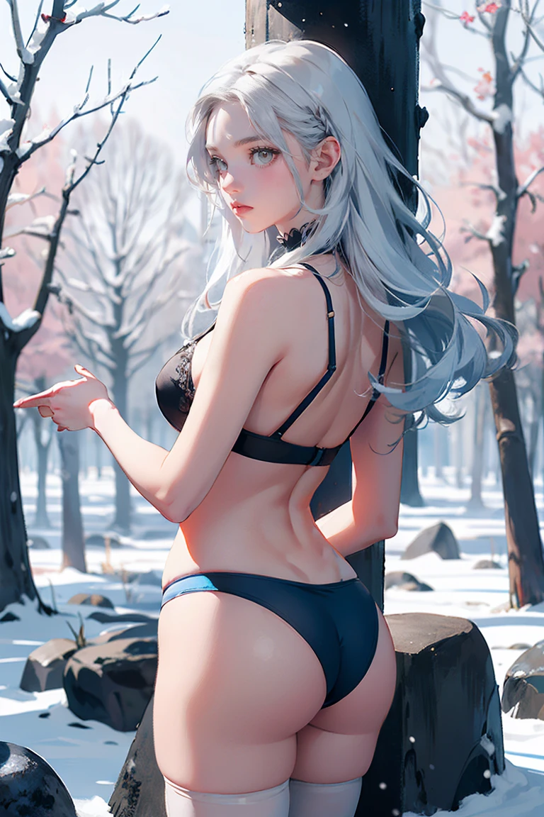 Silver Hair, (Rear View, Rear View),(Highest quality,High resolution,Very detailed,Actual),Target,A world covered in silver, Snow covered branches, , Snowflakes dance like elves, Turning the world into a silver fairy tale, Chill, Quiet and beautiful snow scenery., Cozy and quiet, (Ocean Art 2.1), (Background Frozen white trees Snow falling:1.4) , (Beautiful Blue Eyes、Big black stone eye:1.4) , (Realistic) ,8K High Resolution, Detailed Art, Fan Art Best Art Station, Fantasy art style ,(string), (レーザーstring), Stockings Bra, Leggings White,Sexy Body,(Mature Woman'Body), Browsing Caution