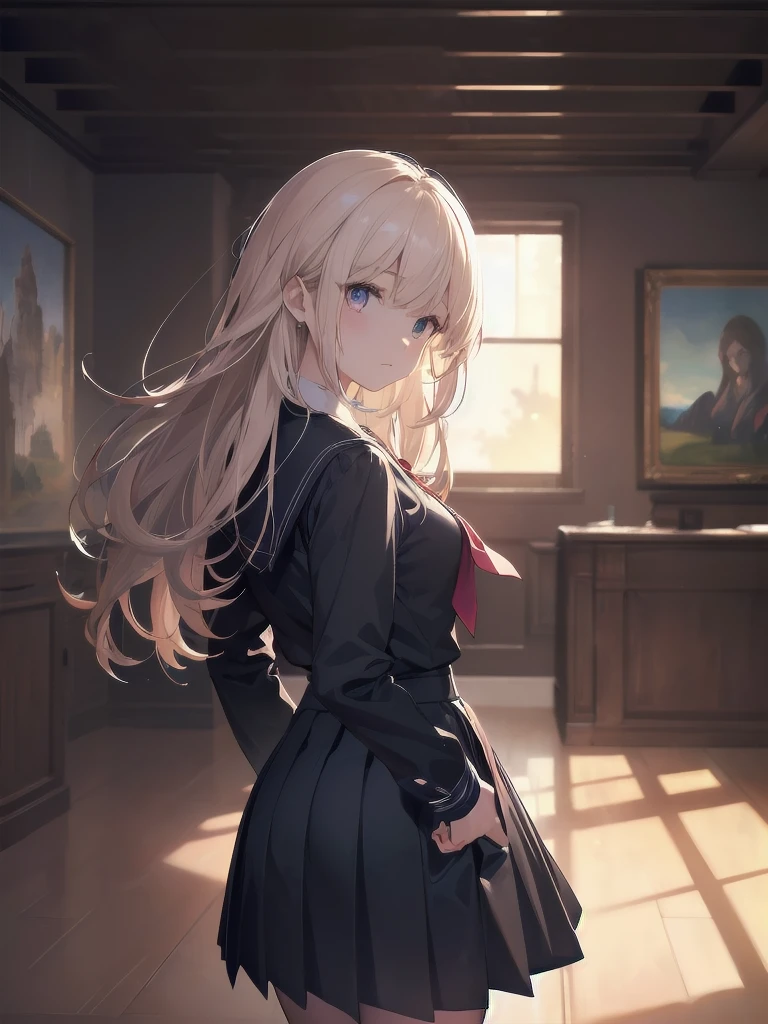 (Super Finest Work of God of Creation: 1.4), (Super Absolute Resolution: 1.4), (Best Masterpiece of God of Art: 1.4), Highly detailed face, original characters, perfect lighting, best colors, colorful , beautiful, fine details, natural volumetric lighting and best shadows, deep depth of field, (highest quality, amazing details: 1.4), (complex, detailed and realistic materials, textures and light sources: 1.3), (perfect Anatomy: 1.2), Ultra-detailed skin, (Best lighting by famous artists: 1.2), 8K, (Acting guidance of charming poses by famous masters: 1.4), (1 girl), Solo, Beauty of Aphrodite reincarnation, , long hair, long sleeves, tie, school uniform, pleated skirt, juliet sleeves, black stockings, pink shirt, indoors, , (depth of field: 1.5), Head tilted, looking at the viewer from behind, looking back, flexible Torso, looking up,