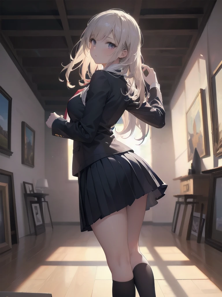 (Super Finest Work of God of Creation: 1.4), (Super Absolute Resolution: 1.4), (Best Masterpiece of God of Art: 1.4), Highly detailed face, original characters, perfect lighting, best colors, colorful , beautiful, fine details, natural volumetric lighting and best shadows, deep depth of field, (highest quality, amazing details: 1.4), (complex, detailed and realistic materials, textures and light sources: 1.3), (perfect Anatomy: 1.2), Ultra-detailed skin, (Best lighting by famous artists: 1.2), 8K, (Acting guidance of charming poses by famous masters: 1.4), (1 girl), Solo, Beauty of Aphrodite reincarnation, , long hair, long sleeves, tie, school uniform, pleated skirt, juliet sleeves, black stockings, pink shirt, indoors, , (depth of field: 1.5), Head tilted, looking at the viewer from behind, looking back, flexible Torso, looking up,