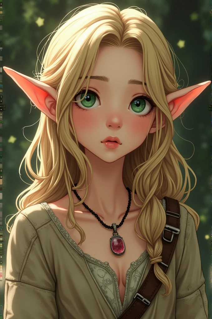 elf anime, with long wavy blonde hair with green eyes and a small side braid, with old and dirty clothes, with a rose quartz necklace