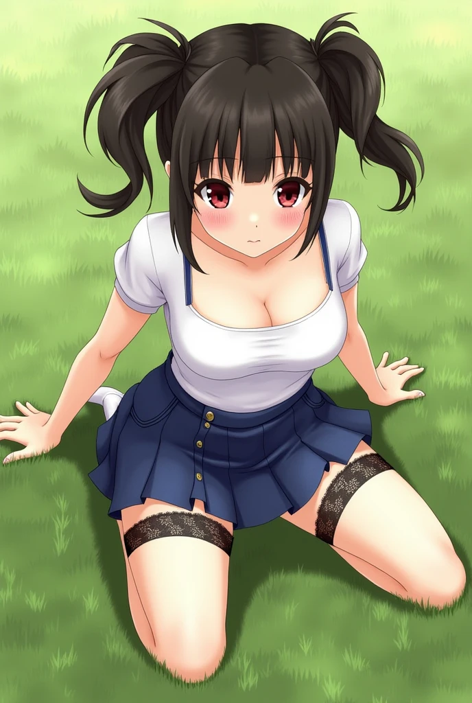 Young girl, black hair, hair in two buns, denim tight skirt, white top, medium breasts, breasts visible through top, sitting on grass, legs spread, white panties, panties visible, red eyes, black lacy stockings, realistic 