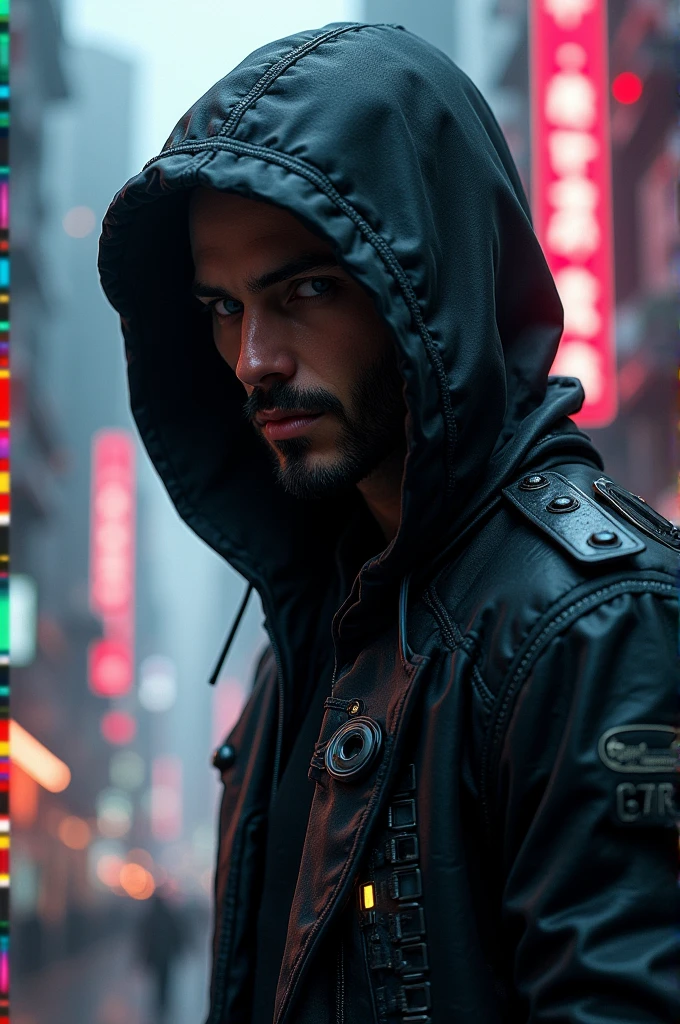 A man in a black cyberpunk style hoodie 