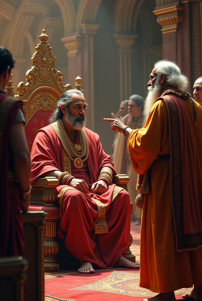 Indian middle aged Maharaja and other indian middle aged mantris sitting in a Senate. Indian aged priest standing infront him. The priest challenging the king pointing finger.