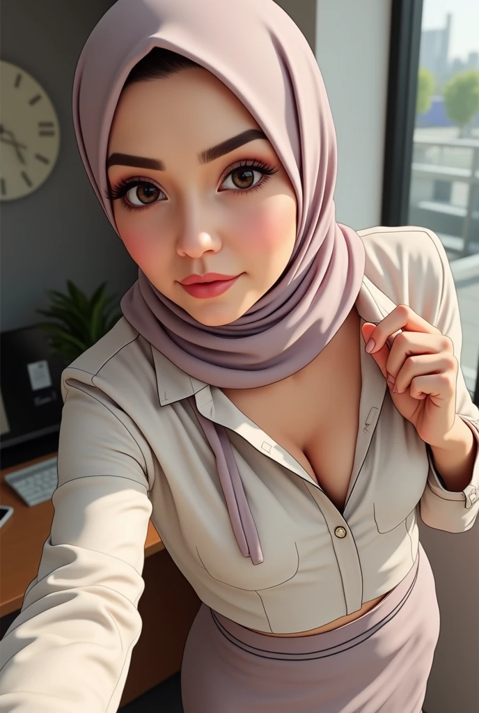 Malaysia，Muslim women，scarf，Short skirt，Ultra-high-definition images，Chest，摸着Chest，Upper body down，reality，whole body，Unbutton，Cleavage，Reality，Standing，office，Good shape，Real People