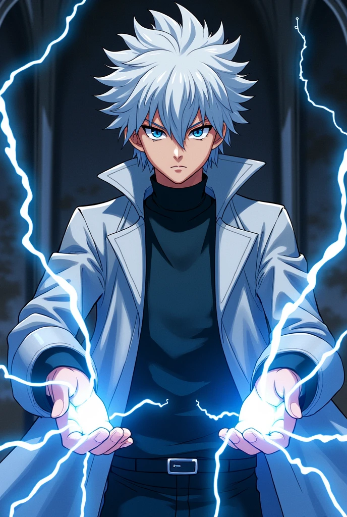 White haired boy Killua hunterxhunter holding lightning