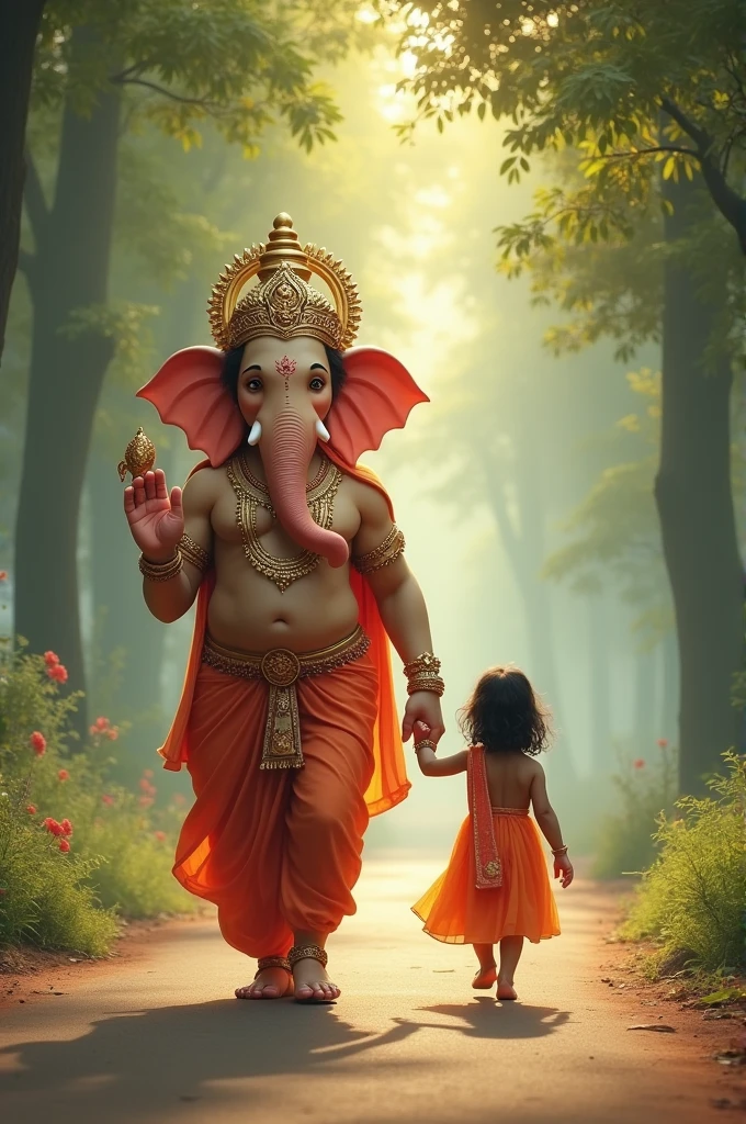 "Ganpati walking hand-in-hand with a small Indian girl on a quiet, tree-lined road, bathed in soft sunlight, symbolizing divine protection and companionship."