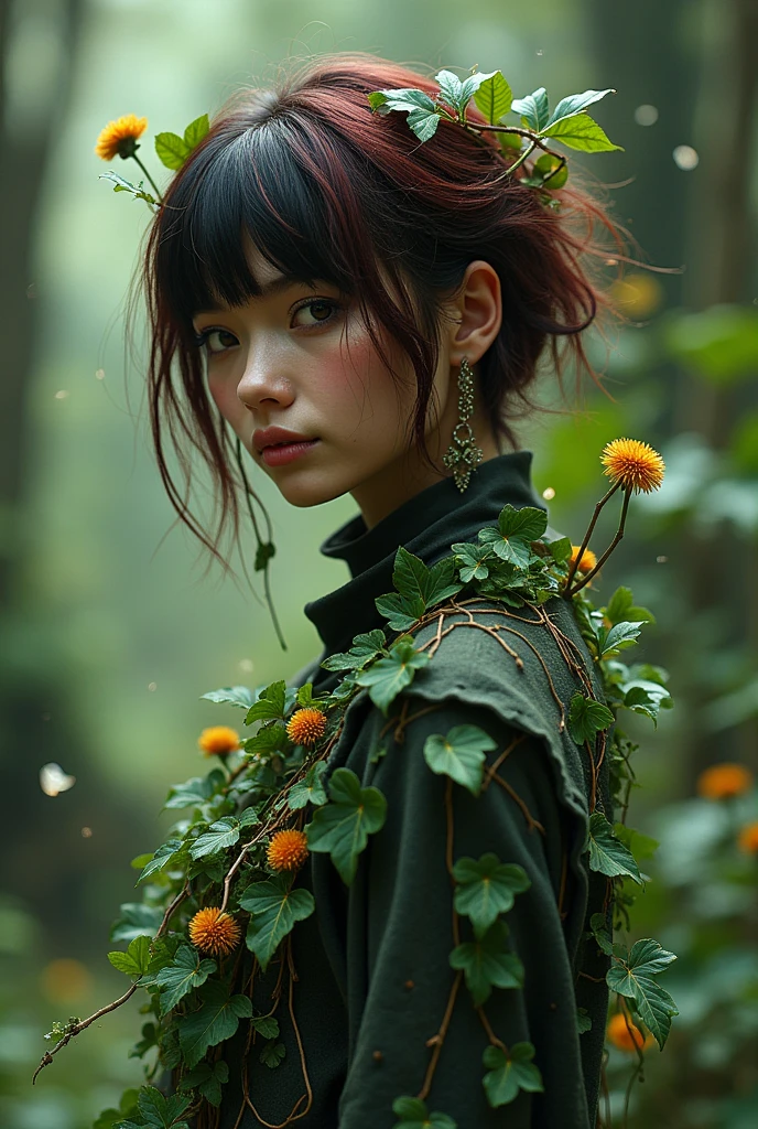 gorgeous tomboy duidess, clothes made of leaves, ivy, poison, vines, dandelions, dark red hair, black hair, pixie cut 