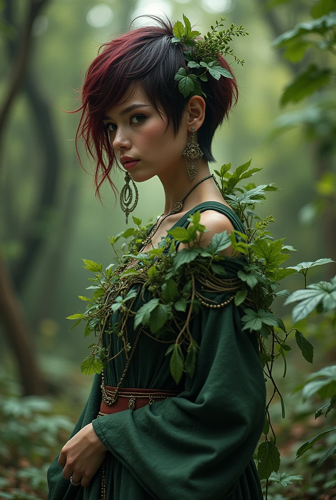 gorgeous tomboy duidess, clothes made of leaves, ivy, poison, vines, dandelions, dark red hair, black hair, pixie cut