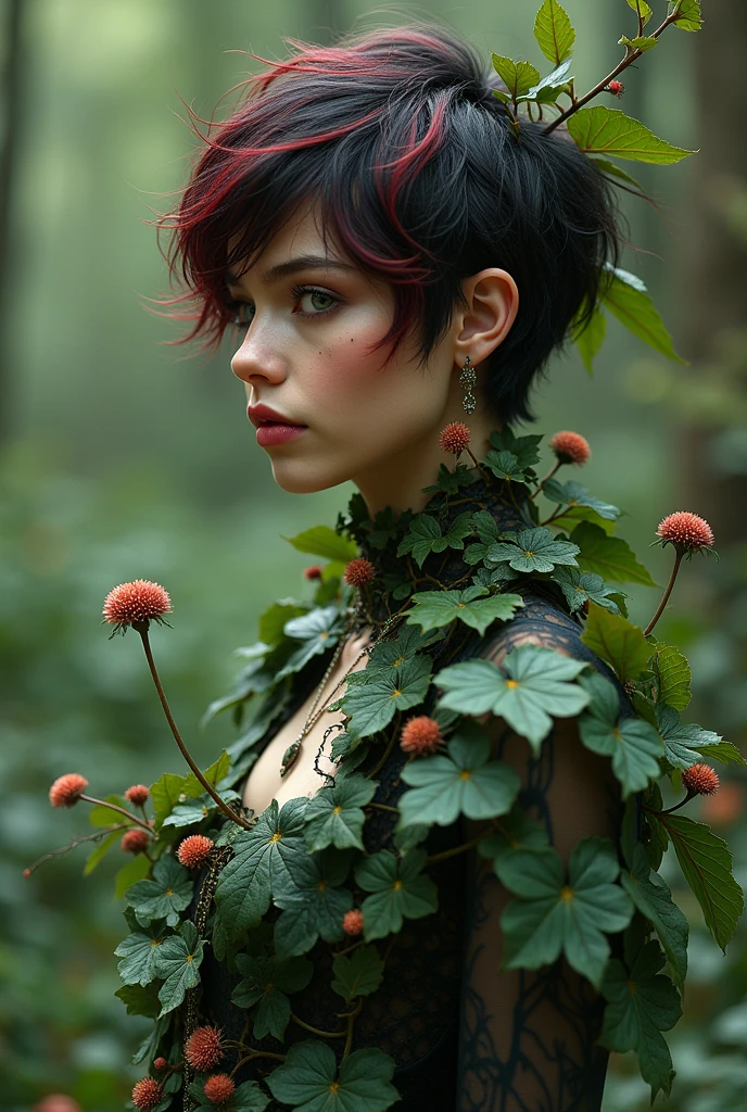 gorgeous tomboy duidess, clothes made of leaves, ivy, poison, vines, dandelions, dark red hair, black hair, pixie cut