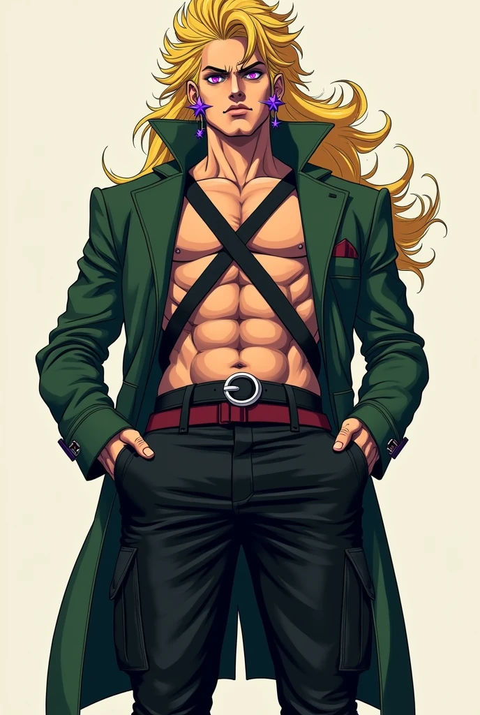 Generates an image of a French man, tall with purple eyes, purple star earrings, Long fluffy blonde hair with a hairstyle similar to Johnny Joestar&#39;s but more noticeable and bigger. A long dark green jacket not buttoned, shirtless but with two black belts forming an X on his chest, a black cargo pants and dark red shoes. jojo&#39;s style.