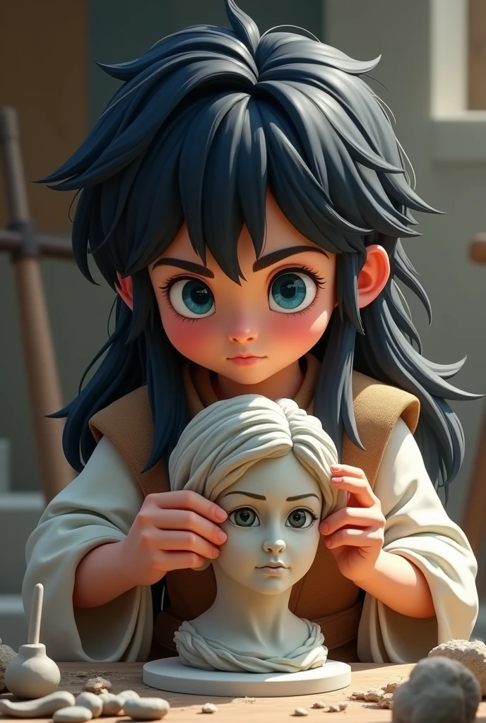((BOY WITH LONG BLACK HAIR,  blue colored eyes, SCULPTING A BUST, WITH STAKES IN HAND, sculptor))