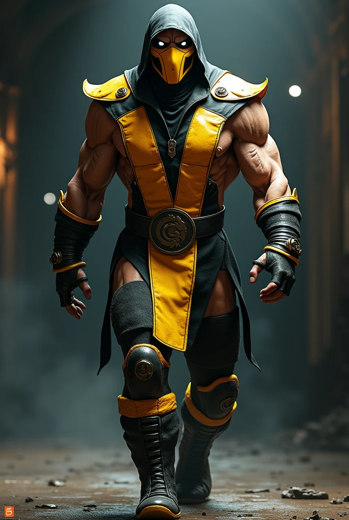 fully body, scorpion (mortal kombat) character's classic suit, eye white, Walking towards the camera, realisitic, a very muscular body in the renatosphere, epic 3D realism, swollen muscles, large fists, best in wlop, kan liu, daz3d, trends in CGsociety, estilo realisitic hiperdetalhado, completo cosplay, by Ric Nagualero, album, hyung tae kim, 8k, irreal engine 5, film composition, retratos realisitics hiperdetalhados, 3D game art, CG Society, Fantasyart, hd art of season, estética realisitic, cinematic lighting, border light, smooth light, border light de filme, fine glow, ultradetailed, 8k, uso realisitic de luz e cor, cinematic light, rendered in cinema4d 500–1000 AD -- ar 3:4- Niji 6