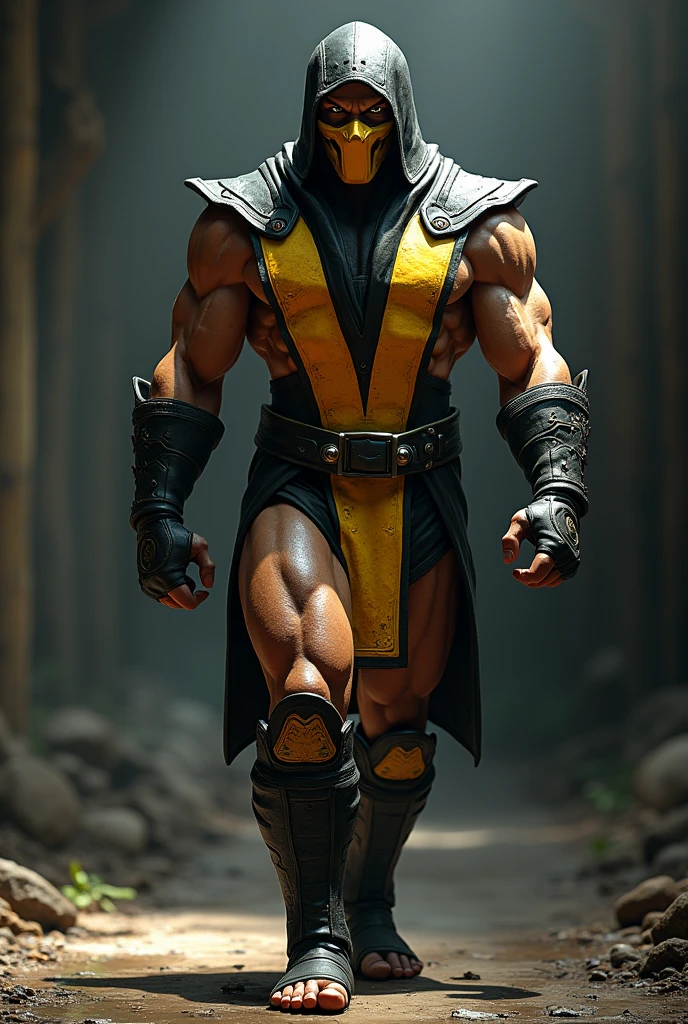 fully body, scorpion (mortal kombat) character's classic suit, eye white, Walking towards the camera, realisitic, a very muscular body in the renatosphere, epic 3D realism, swollen muscles, large fists, best in wlop, kan liu, daz3d, trends in CGsociety, estilo realisitic hiperdetalhado, completo cosplay, by Ric Nagualero, album, hyung tae kim, 8k, irreal engine 5, film composition, retratos realisitics hiperdetalhados, 3D game art, CG Society, Fantasyart, hd art of season, estética realisitic, cinematic lighting, border light, smooth light, border light de filme, fine glow, ultradetailed, 8k, uso realisitic de luz e cor, cinematic light, rendered in cinema4d 500–1000 AD -- ar 3:4- Niji 6