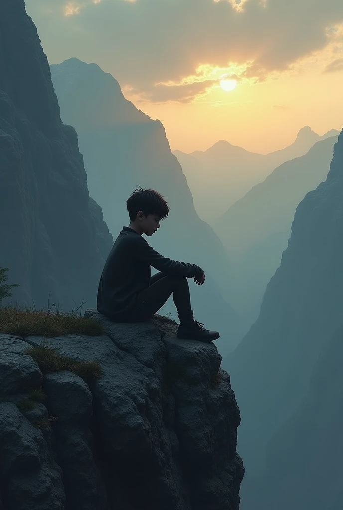 Sad Alone boy Sit on mountain sad feeling aboy which trying to solve problems sad feeling sad mind sit on mountain.. Little evening is start 