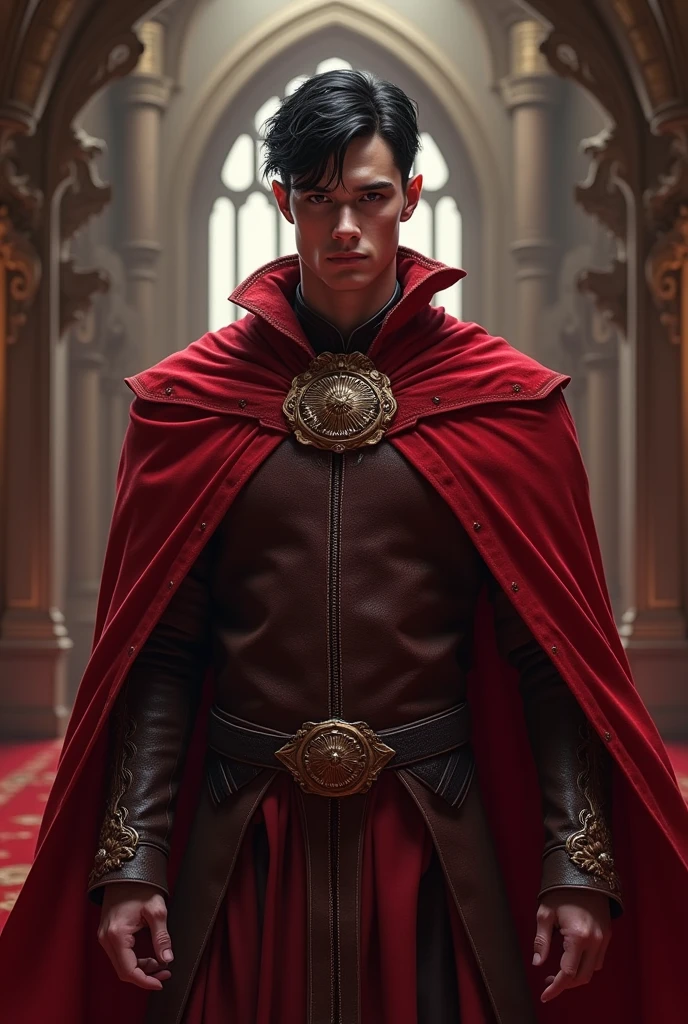 Handsome Prince, mysterious, practiced blood magic, Henry cavill looking. Muscular, wears blood crimson clothes, from Irish, Scottish and English ancestry, black of hair, courageous Prince, strong, white skin, young looking, 1, beardless, boy, short hair