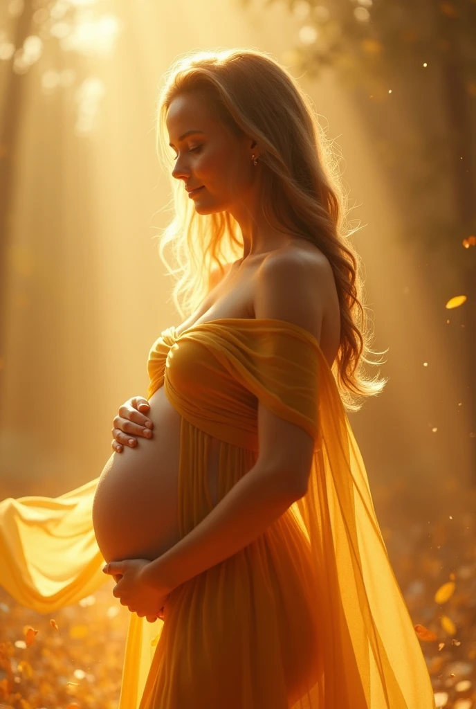 gestante, 8 months, golden flowing fabric