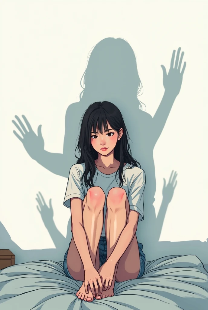 style manga, fille assise sur son lit avec les genoux remontés, avec des ombres humaines semblants sortir d'elle et projetées sur le mur blanc