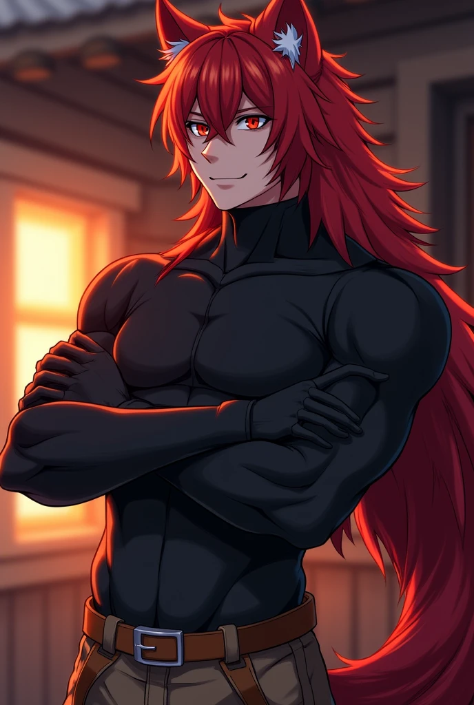 red furry werewolf brave anime character，Strong and mature、He is a calm boyfriend，Wearing a black warrior top, black gloves, and brown adventurer pants，Has red-black hair and red eyes，Neat and short bangs，Gentle grin，Eyes gentle yet sharp，Inside the wooden house with dusk in the background