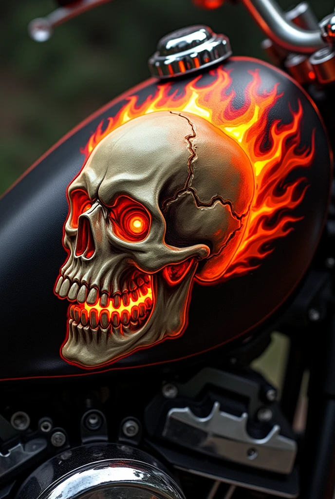 White laughing skull fully lit on fire in profile painted on a motorcycle tank