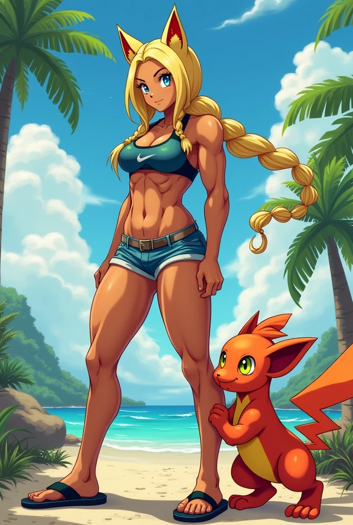 Extremely muscular woman bodybuilder like a hero martial artist body great physical attributes tanned brown skin she has light sun marks from her bra and thong panties in Vê, She is blonde with long hair and has two long braids and cat ears, cat eyes with two different colors, the left one is pool blue and the right one is yellow, both eyes have cat pupils, easy painting super saiyan four, wearing a Nikke women's sports top, a pair of denim shorts and flip-flops. A Monferno Pokémon at his side, a monkey-type fire fighter. Brazilian scenery background