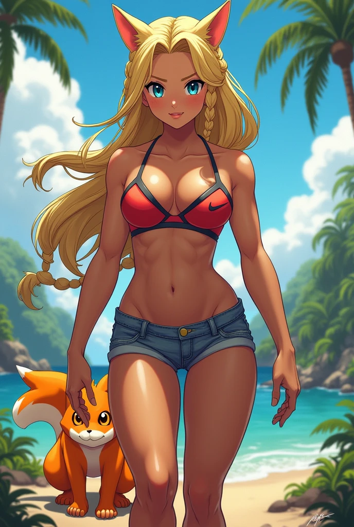 Extremely muscular woman bodybuilder like a hero martial artist body great physical attributes tanned brown skin she has light sun marks from her bra and thong panties in Vê, She is blonde with long hair and has two long braids and cat ears, cat eyes with two different colors, the left one is pool blue and the right one is yellow, both eyes have cat pupils, easy painting super saiyan four, wearing a Nikke women's sports top, a pair of denim shorts and flip-flops. A Monferno Pokémon at his side, a monkey-type fire fighter. Brazilian scenery background
