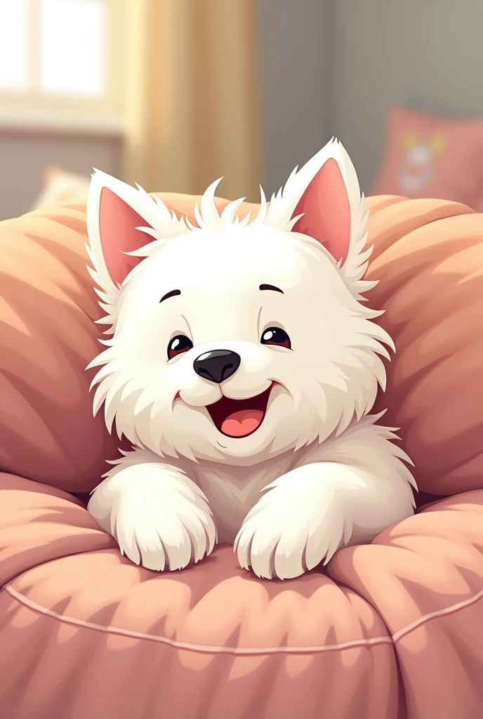 image where a white terrier (dog) He is lying on a bed with his front paws in front, que salga el dog completo y que sea animada en 2d