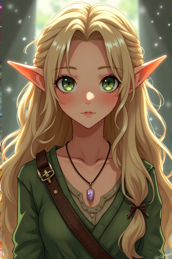 elf anime, with long wavy blonde hair with green eyes and a small side braid, with old and dirty clothes, with a rose quartz necklace