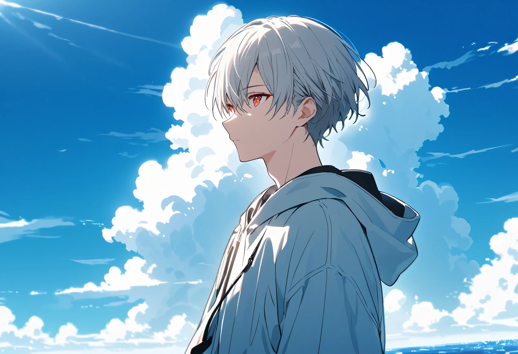 good looking, alone, 1 male, Gray Hair, Red eyes, shirt, Black and white hooded, noon, White Light,cute目,Short hairstyle,cute,Falling from the sky,綺麗なsummerの空,Lots of white clouds,summer,Ocean,Glittering scenery,bright,Blue sky,looking at the camera