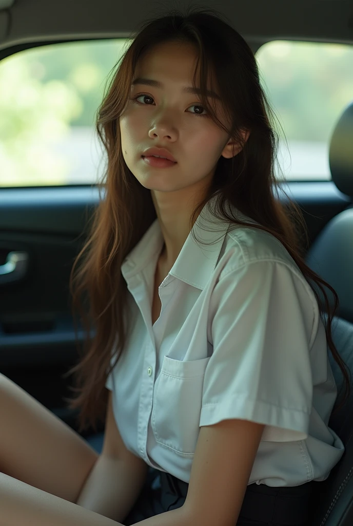 Thai cute girl age 18. 52 kilograms. White skin tone, The wet hair color is a beautiful shade of brown straight hair. Wearing thai student uniform , Wear white shirt, Not wearing a bra Not buttoning the shirt show nipples, Wear a very short black skirt, Show off white thighs, converse snitchers sitting in the car, soft light, the most realistic picture.